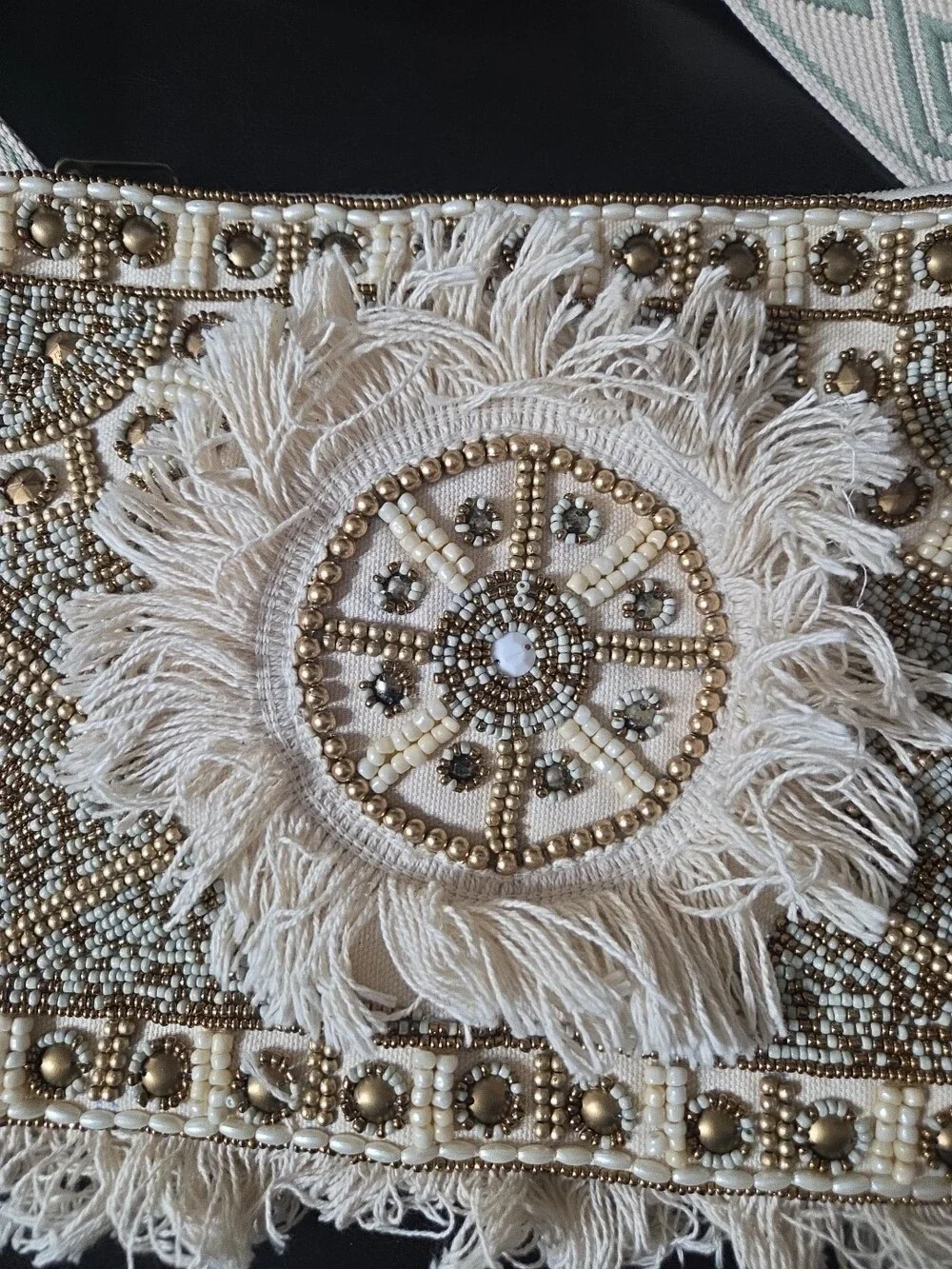 Boho Beaded Fringe Crossbody Bag Cream Gold Pearl - Used